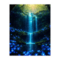 Ethereal Blue Waterfall: Magical Forest Oasis (Print Only)