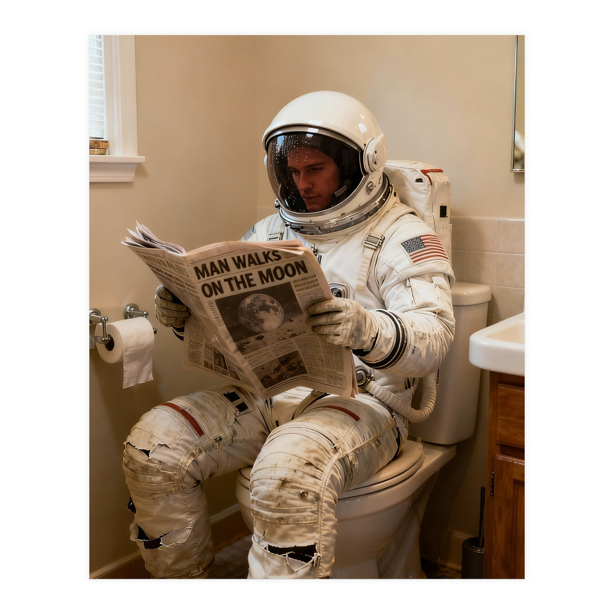 Retro AstronautReading Newspaper, Toilet Humor, Astronaut on Toilet (Print Only)