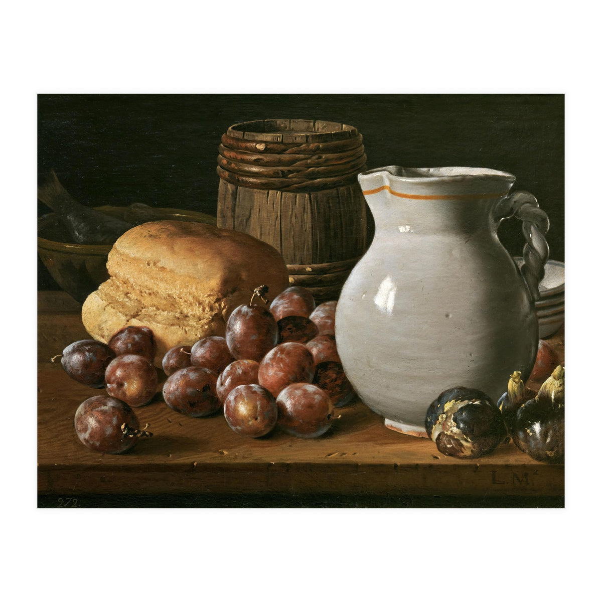 Luis Egidio Meléndez / 'Still Life with Plums, Figs, Bread and Fish', 18th century, Spanish School. (Print Only)