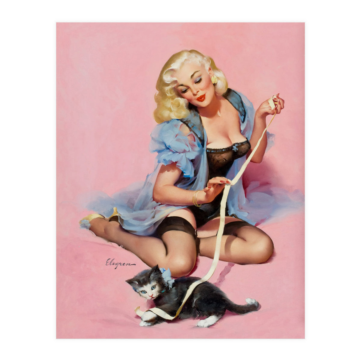 Sexy Pinup Girl Playing With Her Cat (Print Only)