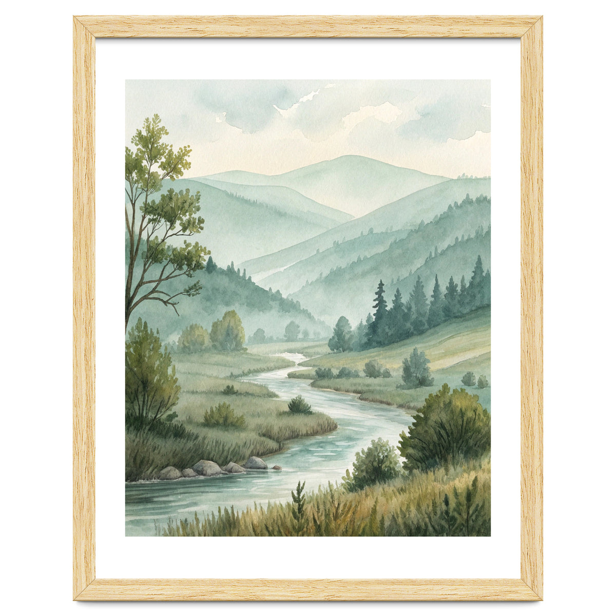 Serene River Valley in Soft Watercolor