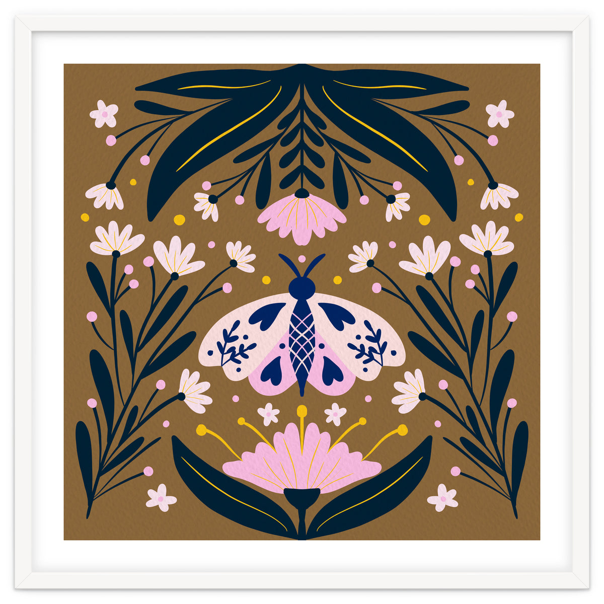 Pink Moth with Flowers on a brown background