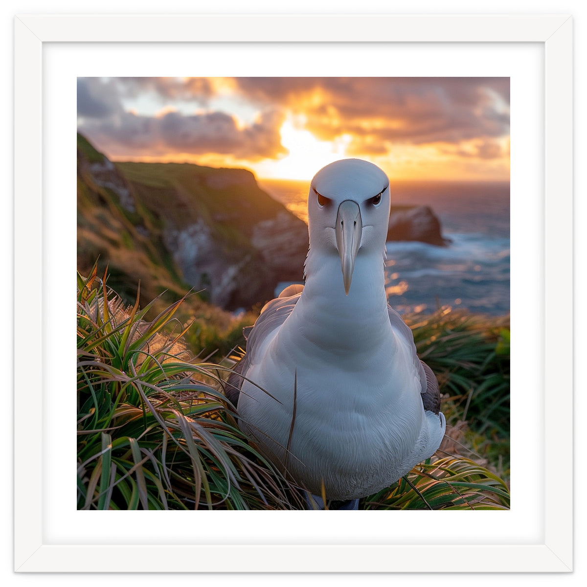 Albatross Bird On Grassy Cliff At Sunset