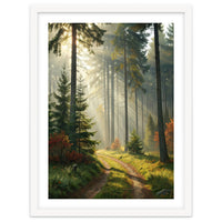 The Golden Path: Ethereal Sunbeams Piercing Through a Misty Evergreen Forest at Dawn