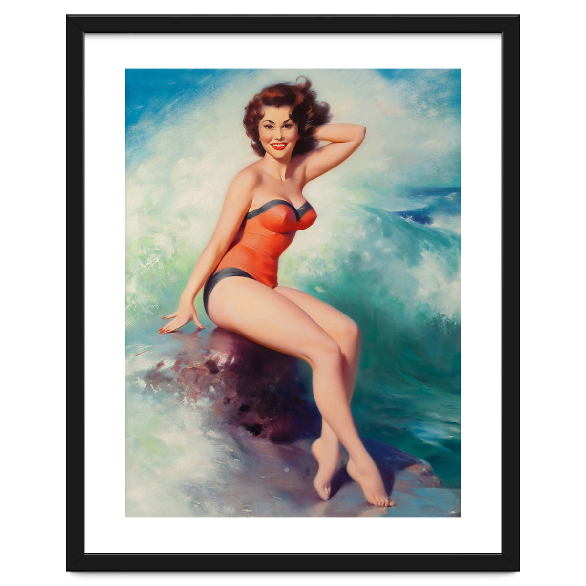 Pinup Girl Posing In Front Of Big Waves On The Beach