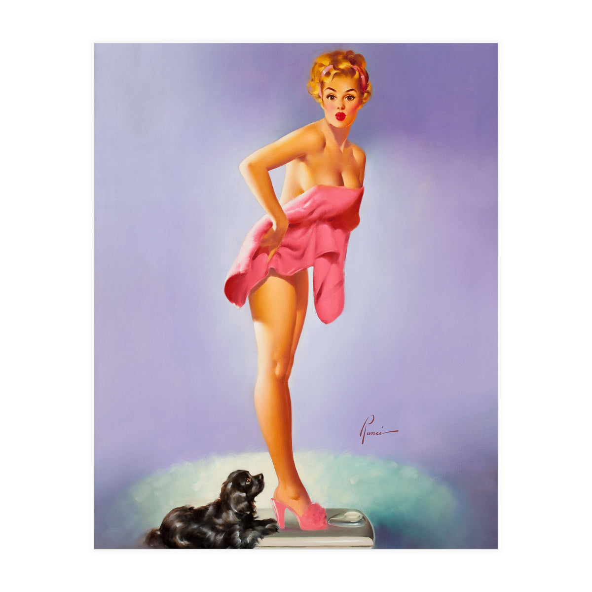 Pinup Girl On A Scale With Her Little Black Dog Behind (Print Only)