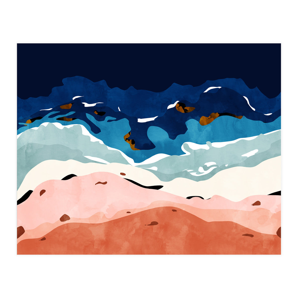 Ocean Heart, Abstract Sea Waves, Tropical Travel Watercolor Painting, Eclectic Bohemian Beach Nature (Print Only)