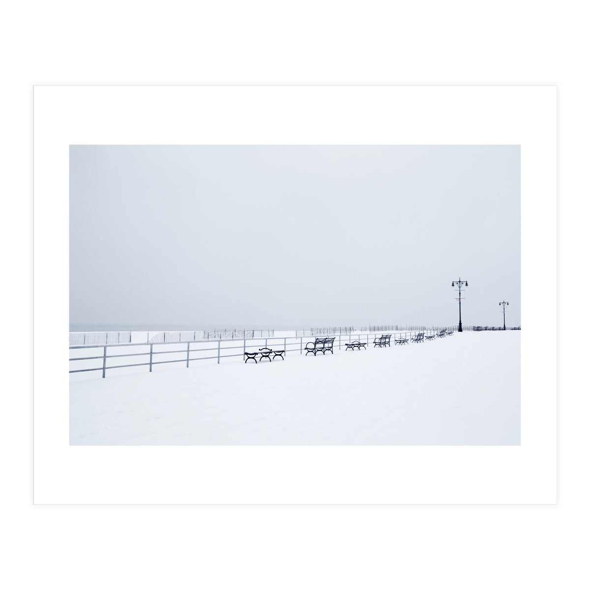 Benches along the pier on snow beach (Print Only)