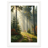 The Golden Path: Ethereal Sunbeams Piercing Through a Misty Evergreen Forest at Dawn thumbnail