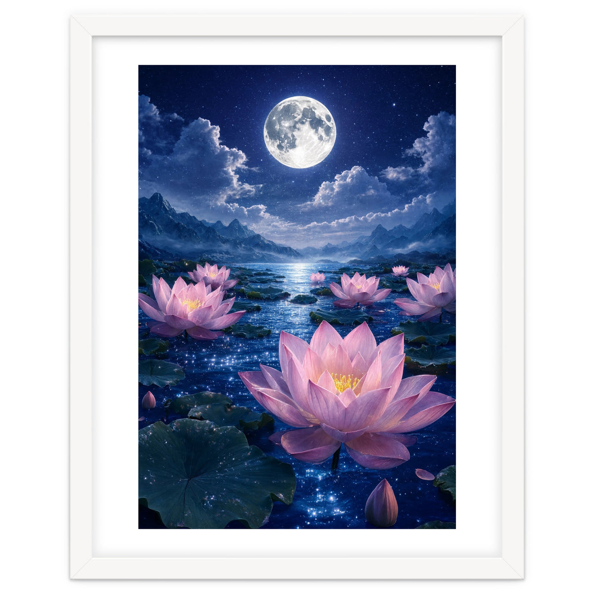 Moonlit Lotus Pond: Serene Nighttime Floral Landscape