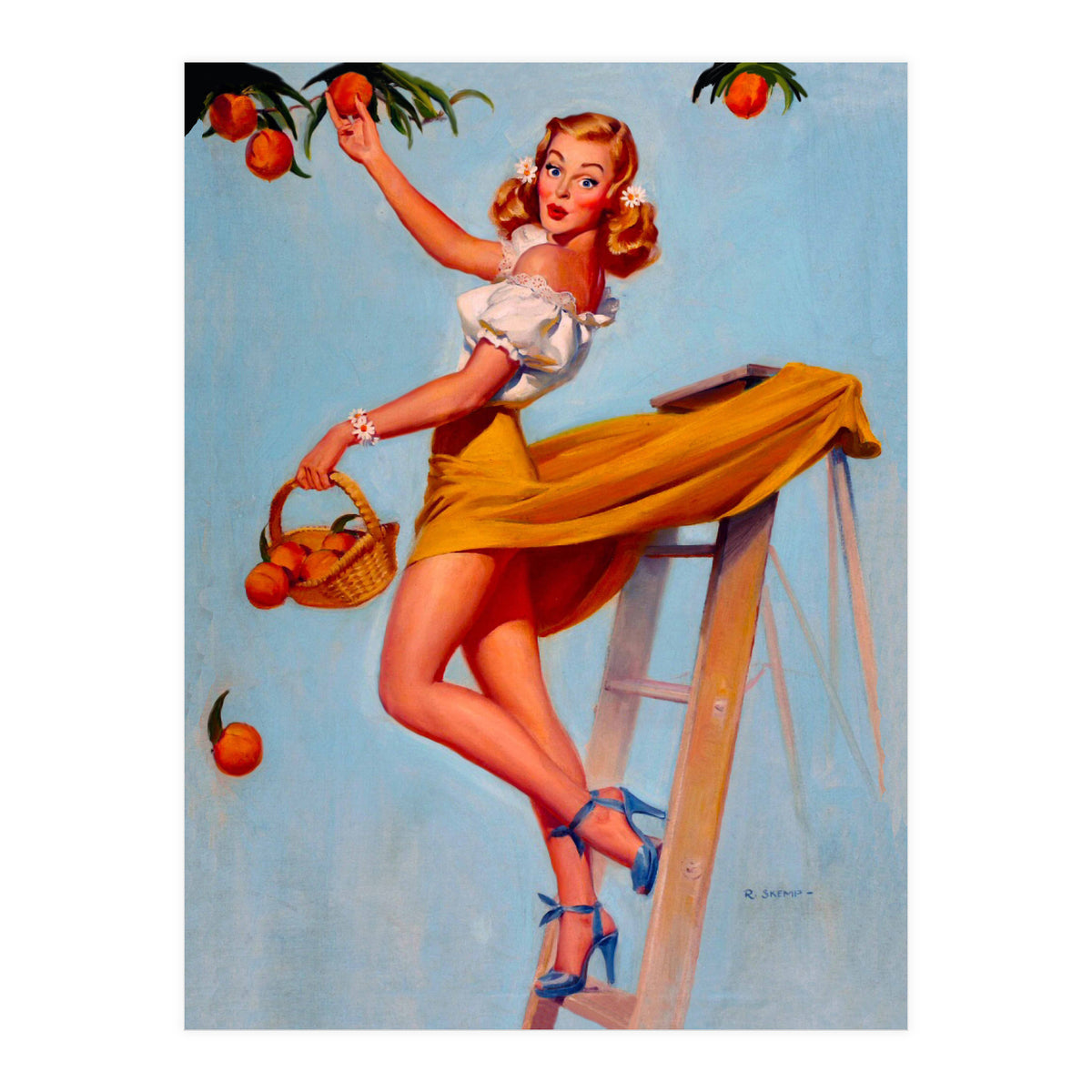 Pinup Sexy Woman Picking Oranges On A Tree Branch (Print Only)