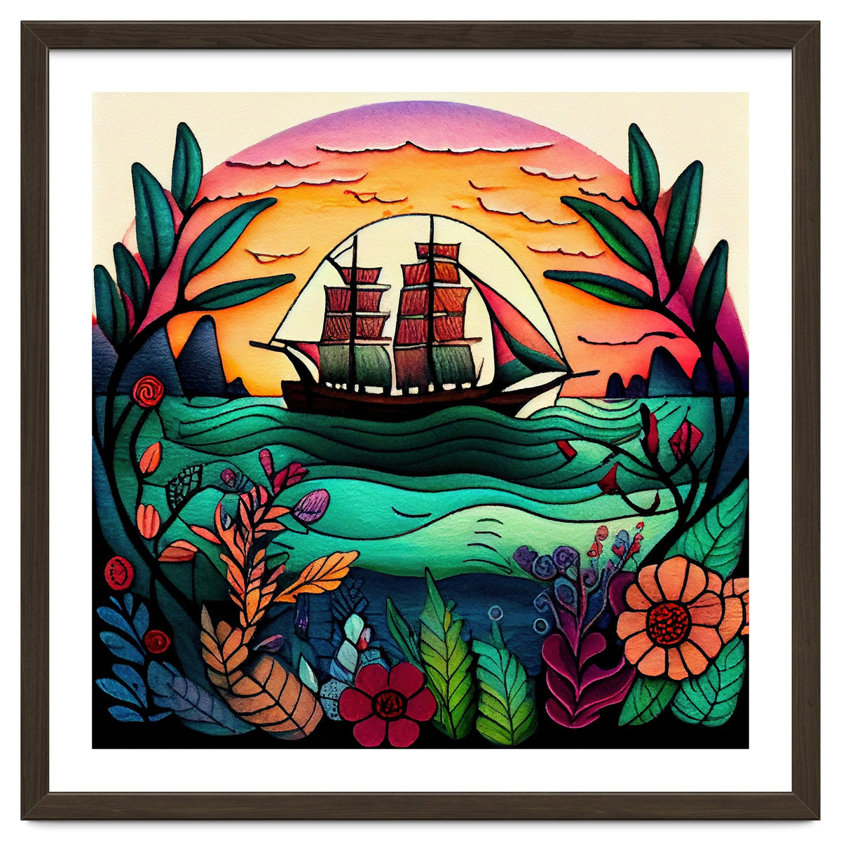 Folk Sunset Sailing Ship