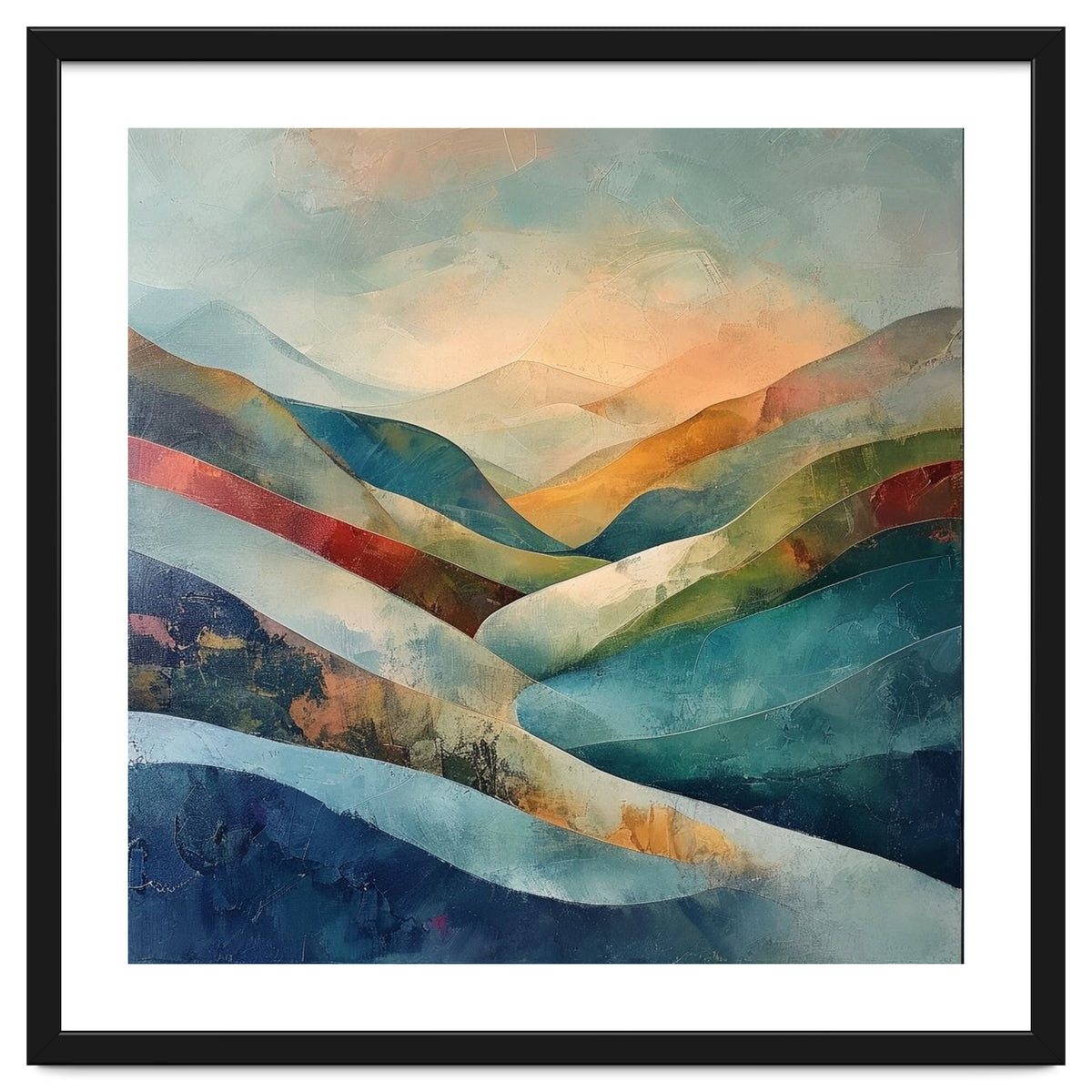 Abstract Mountain Landscape Painting with Textured Rolling Hills