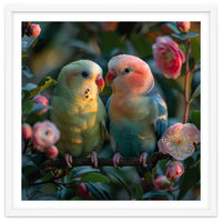 Two Lovebirds Perched On A Branch Near Flowers