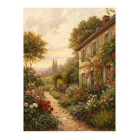 Idyllic Sunlit Cottage Garden Oil Painting (Print Only)