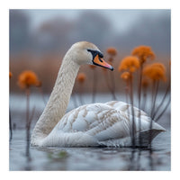 White Swan Swimming In A Lake With Reeds (Print Only)