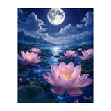 Moonlit Lotus Pond: Serene Nighttime Floral Landscape (Print Only) thumbnail