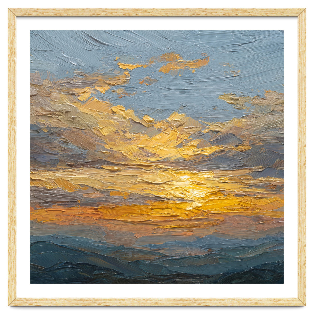 Atmospheric Golden Sunset Impasto Oil Painting Featuring Textured Clouds