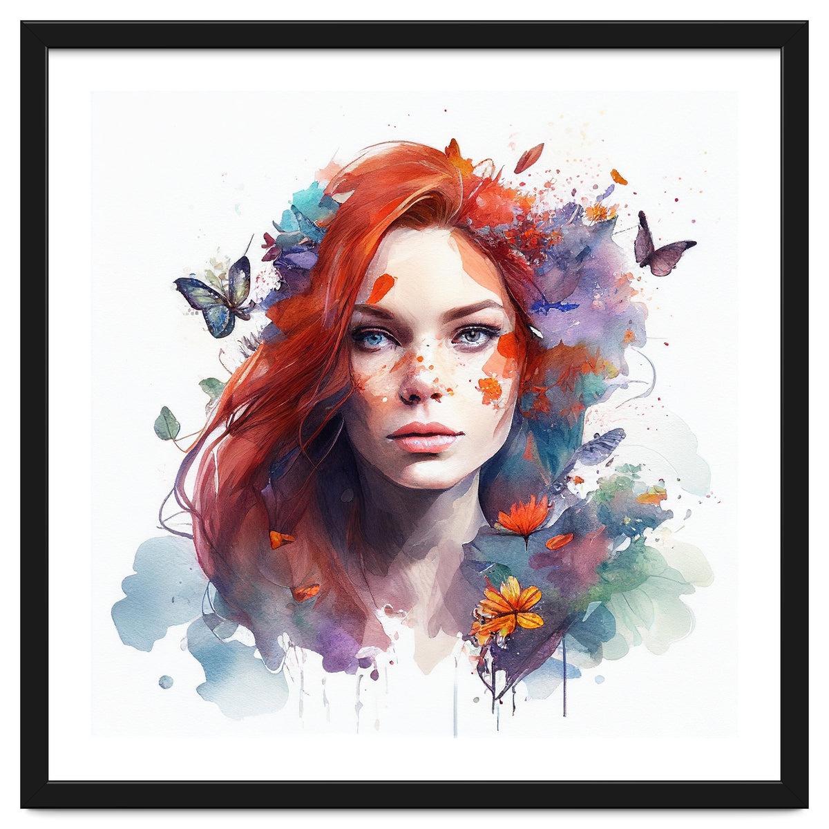 Watercolor Floral Red Hair Woman #3