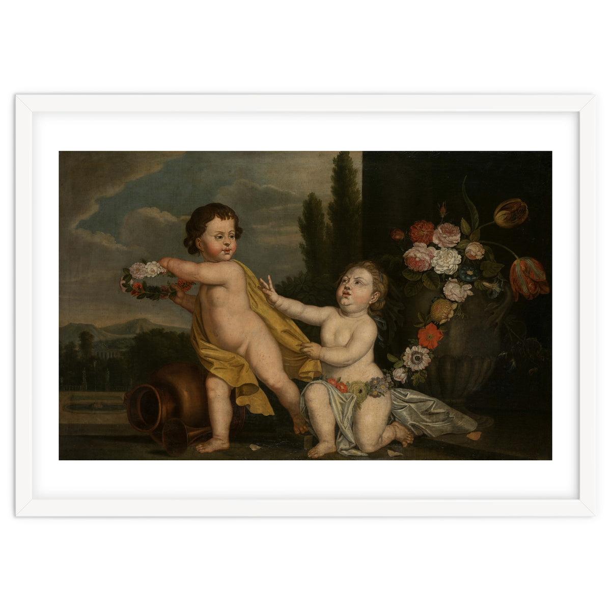 German Master (18th Century) – Two Putti with Garlands of Flowers