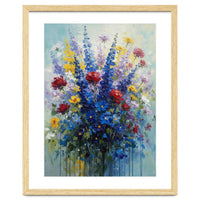 Vibrant Blue Delphinium and Red Rose Heavy Impasto Oil Painting