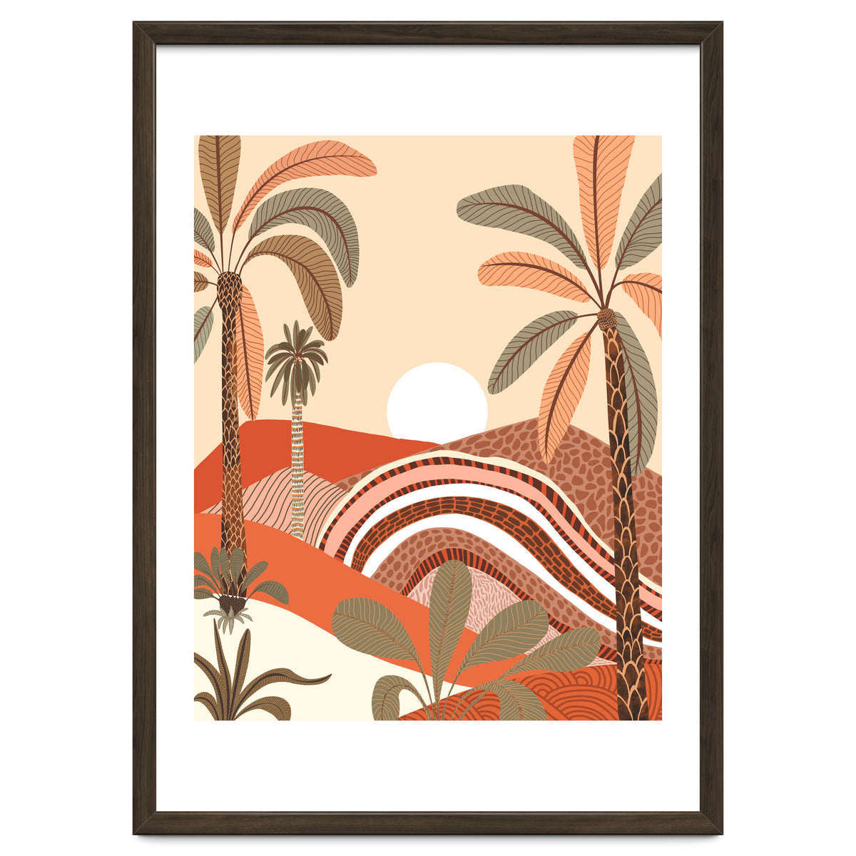 Epiphany, Pastel Rustic Sunrise Sunset, Bohemian Nature Landscape Illustration, Mountains Adventure Palm Trees