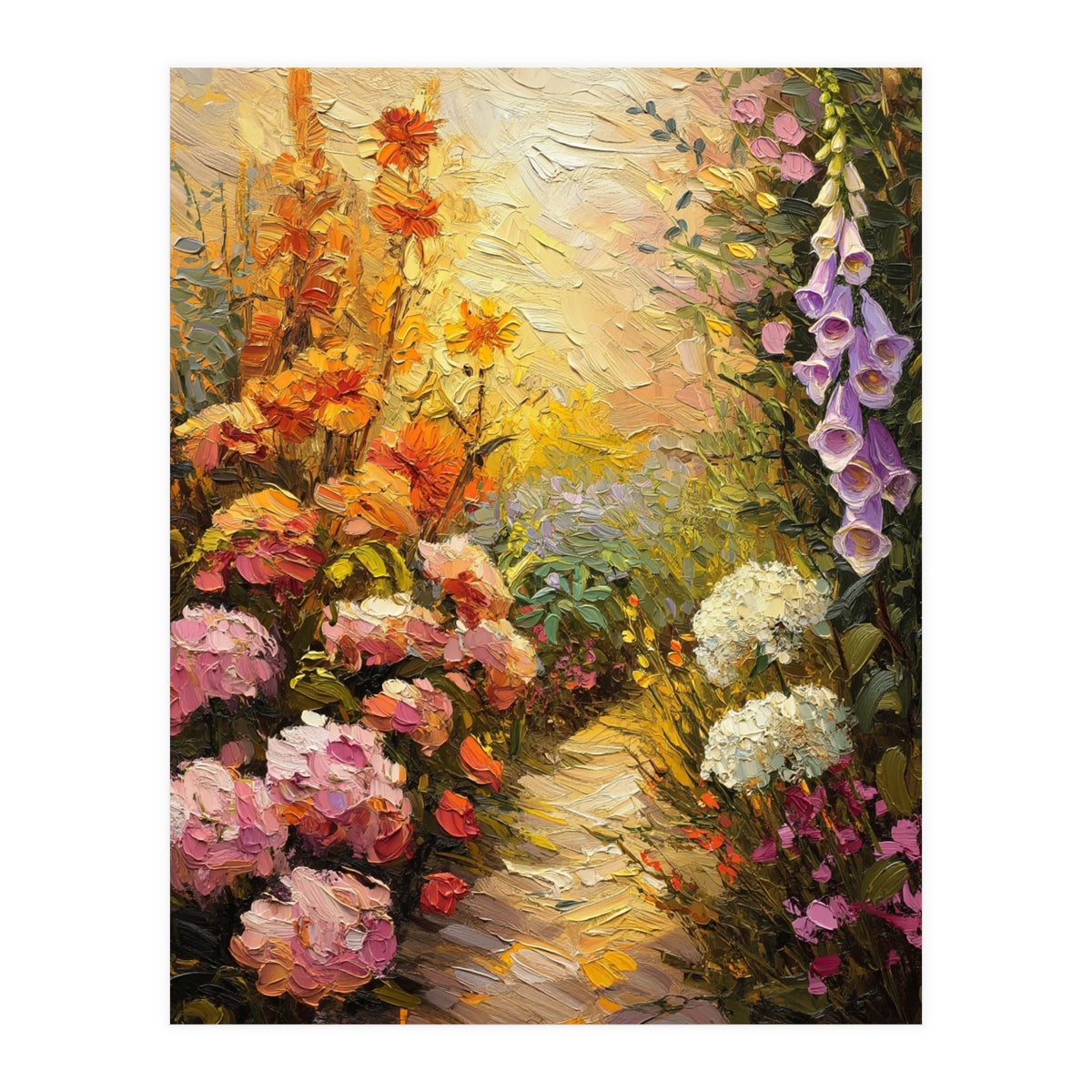 Golden Hour Summer Garden Path Oil Painting (Print Only)