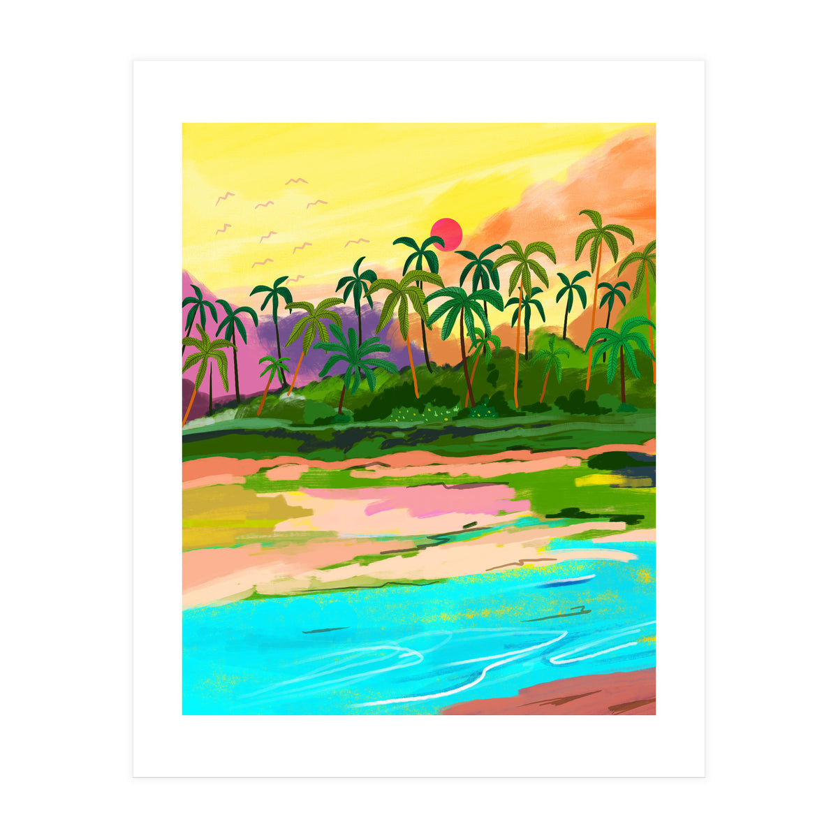 Tropical Backwaters Of Kerala, Nature Jungle Forest Landscape Painting, Dreamy Scenic Travel Lake Palm Bohemian (Print Only)