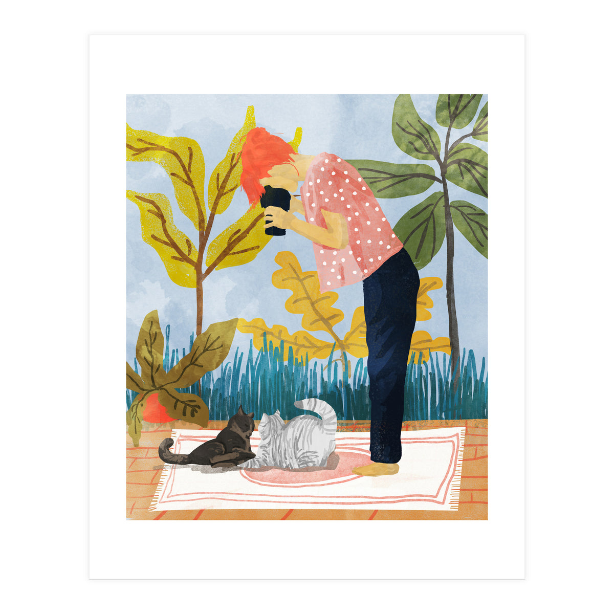 Saturday Afternoon | Cat Mom Pets Photography | Animals Kitten Picnic Watercolor Painting (Print Only)