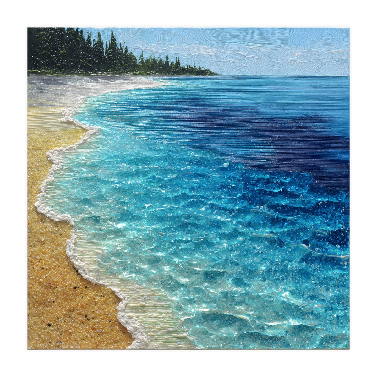 Sun-Drenched Coastal Shoreline with Textured Impasto Waves (Print Only)