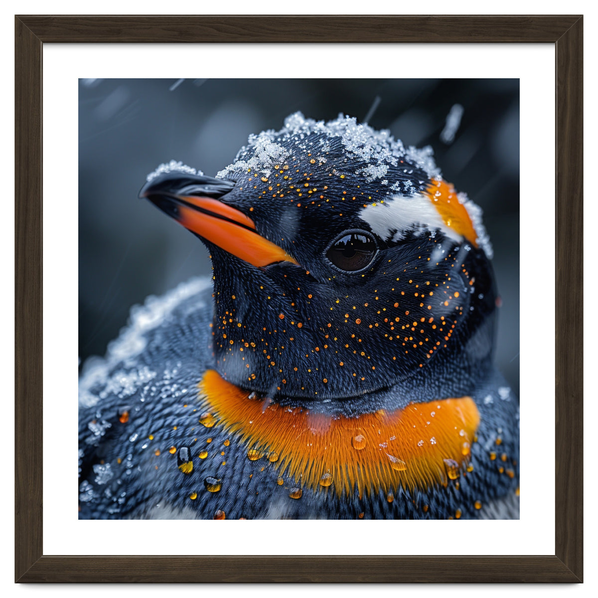 Close Up Penguin In Snow With Water Droplets
