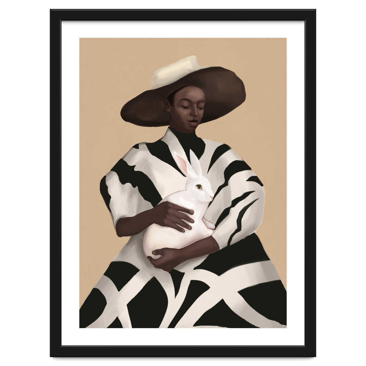 Woman In Stripes Holding A White Rabbit