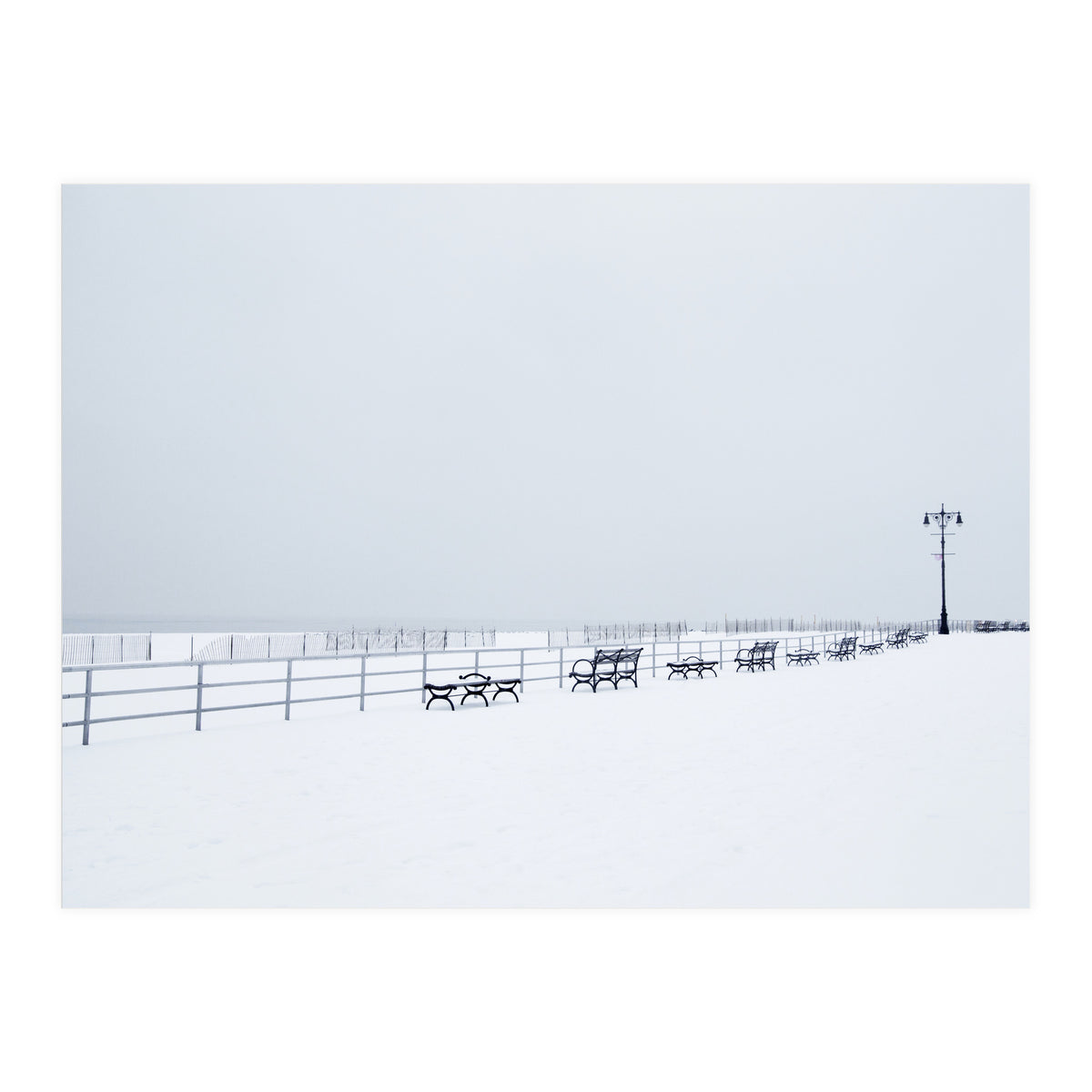 Benches along the pier on snow beach (Print Only)