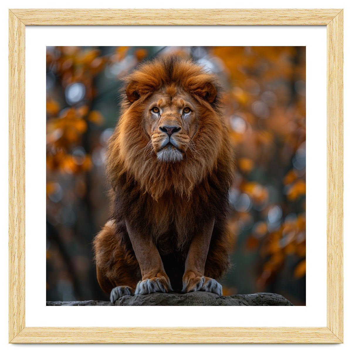 Majestic Lion Sitting On A Rock In Autumn Forest