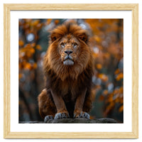 Majestic Lion Sitting On A Rock In Autumn Forest