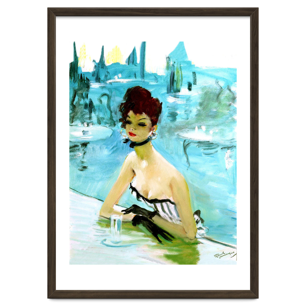 Pinup Girl In Cafe, Watercolor Painting