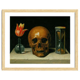 Vanitas, allegory of fleeting time with skull and hour-glass. Oil on canvas. thumbnail