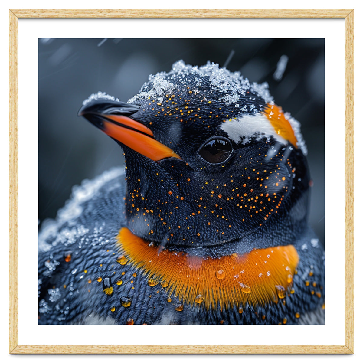 Close Up Penguin In Snow With Water Droplets