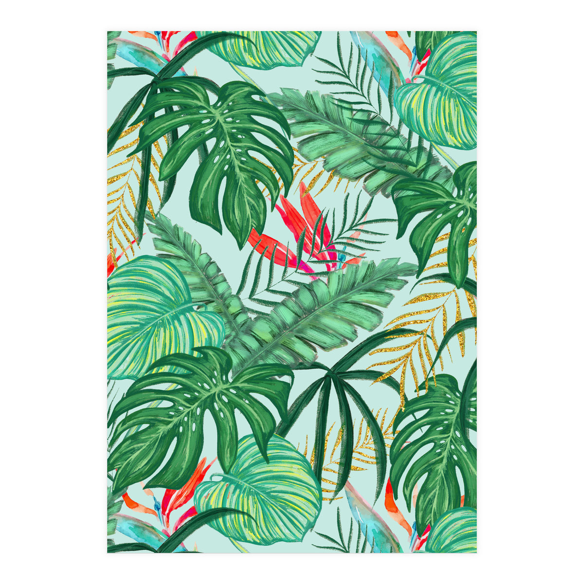 The Tropics | Jungle Botanical Bird of Paradise Illustration | Forest Palm Monstera Banana Leaves (Print Only)