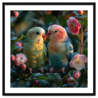 Two Lovebirds Perched On A Branch Near Flowers