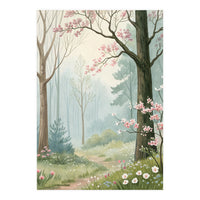 Enchanted Spring Woodland Path with Blooming Cherry Blossoms and Misty Pastel Forest Atmosphere (Print Only)