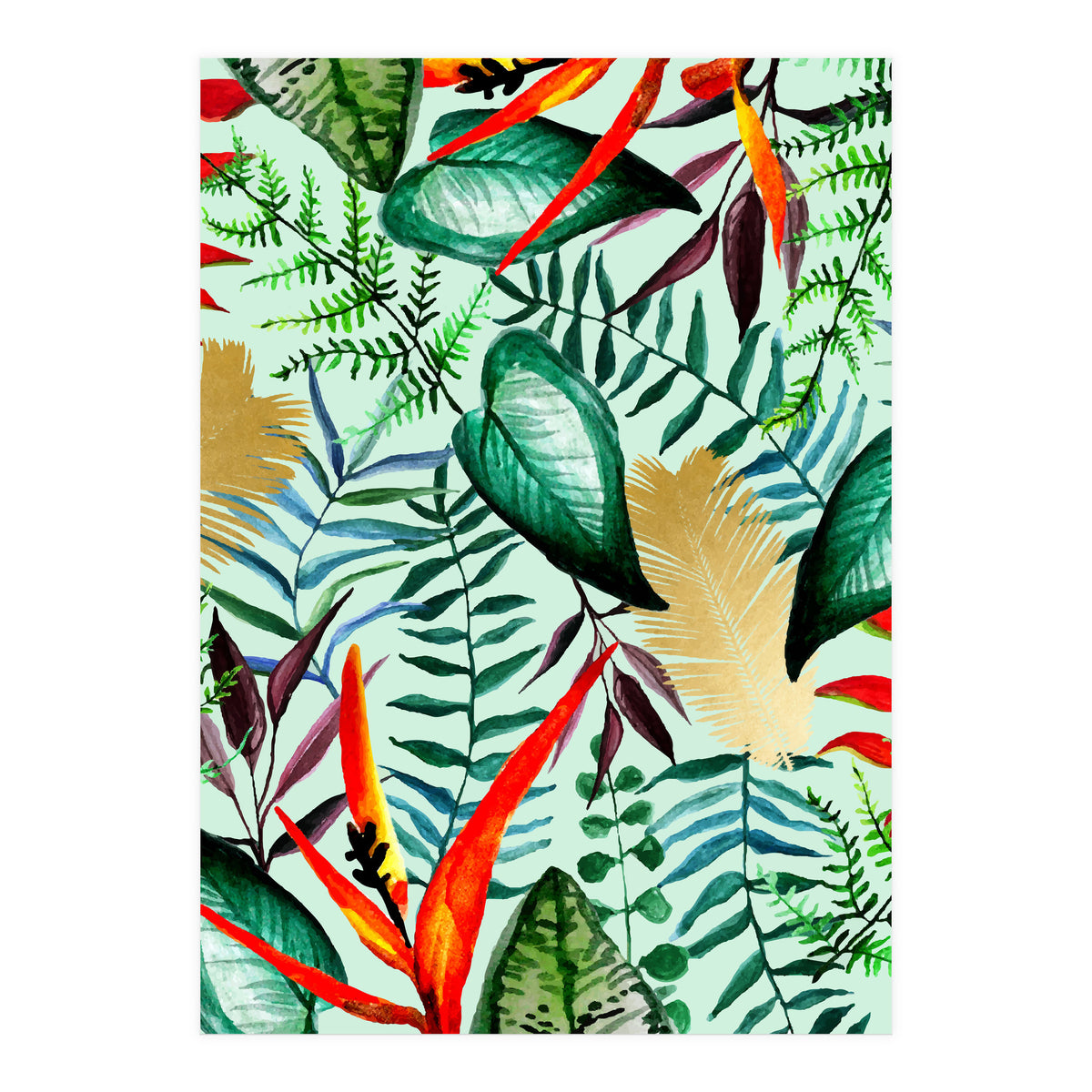 Paradise, Tropical Jungle Botanical Bohemian Illustration, Palm Bird of Paradise Gold Painting (Print Only)