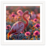 Pink Flamingo Standing In A Field Of Flowers thumbnail