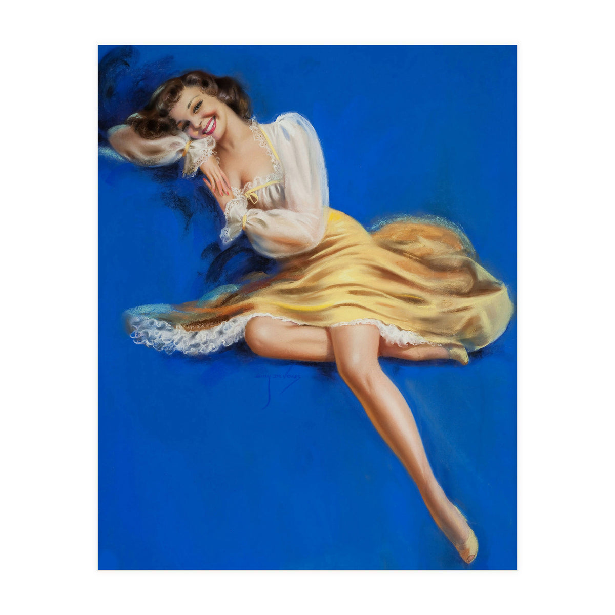 Pinup Girl Posing In Studio Over The Blue Background (Print Only)