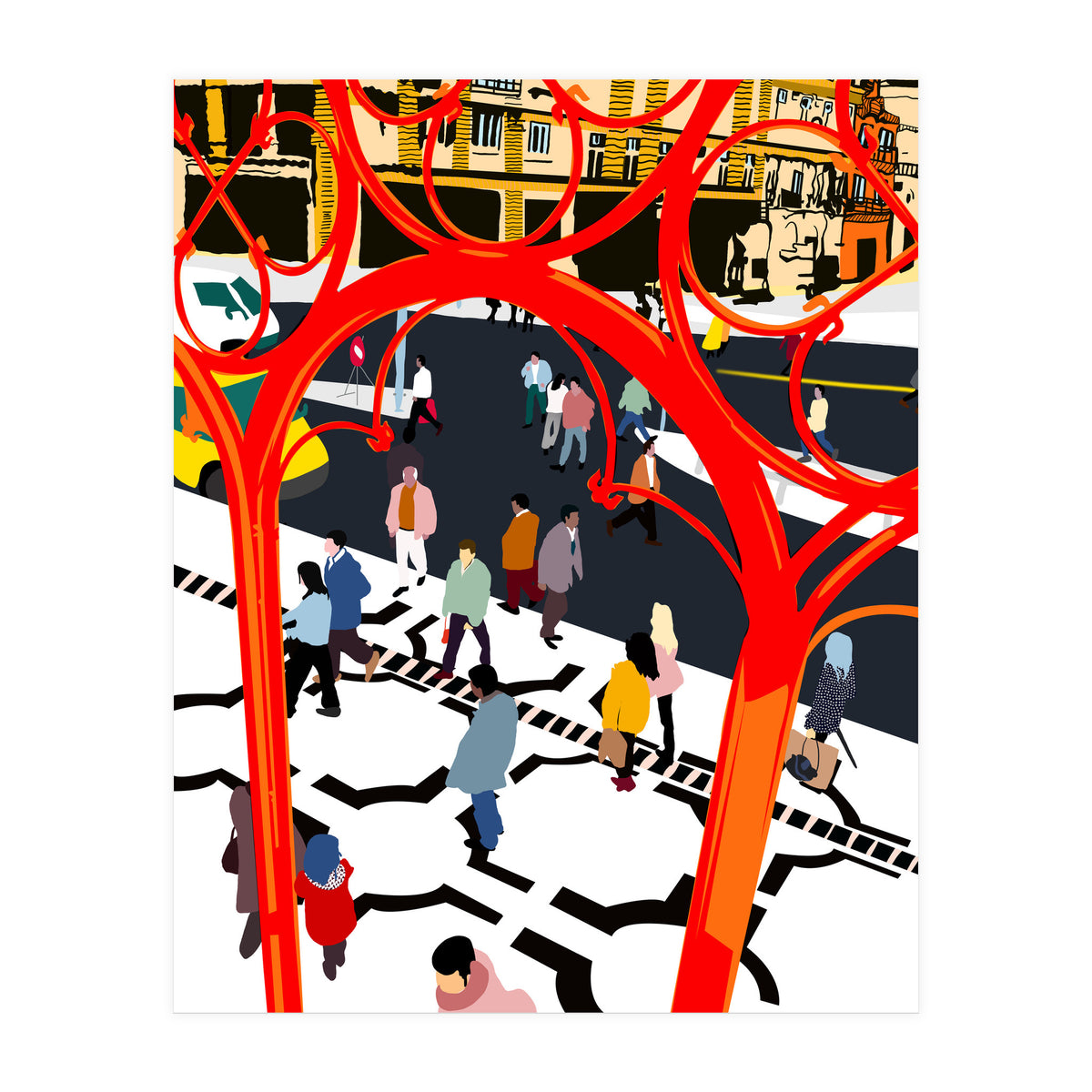 City Street, Eclectic Architecture Buildings Busy New York, People Work Office Daily Life Boho Contemporary Traffic Gifts (Print Only)