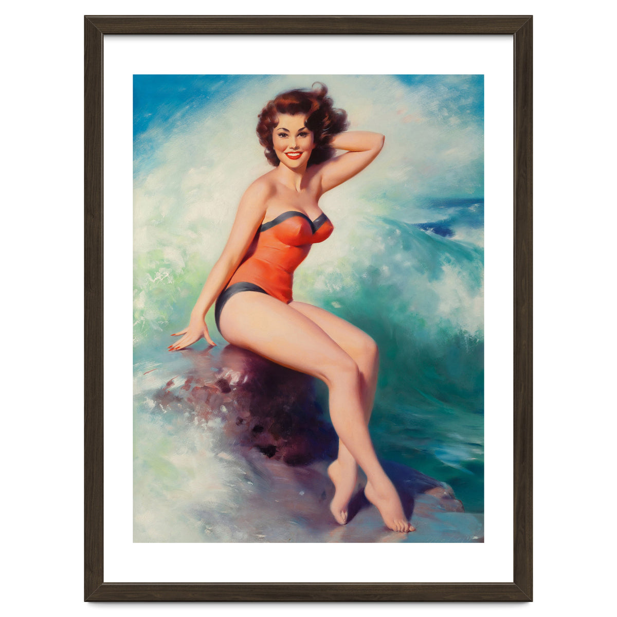 Pinup Girl Posing In Front Of Big Waves On The Beach