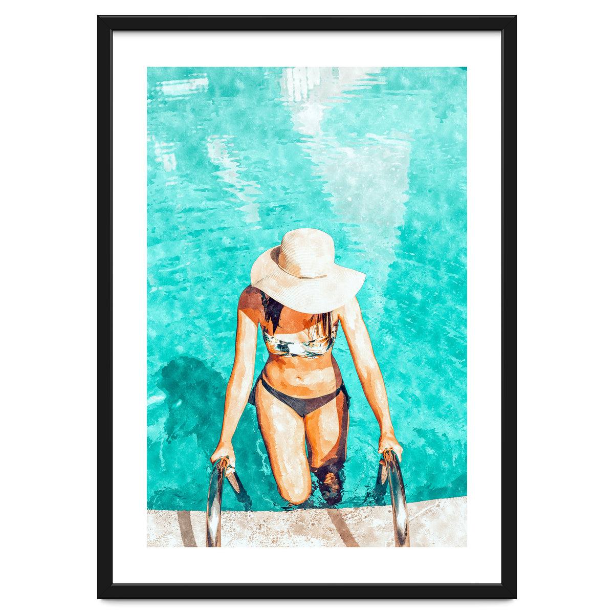 Pool Fashion | Modern Bohemian Woman Swim Watercolor Painting | Contemporary Travel