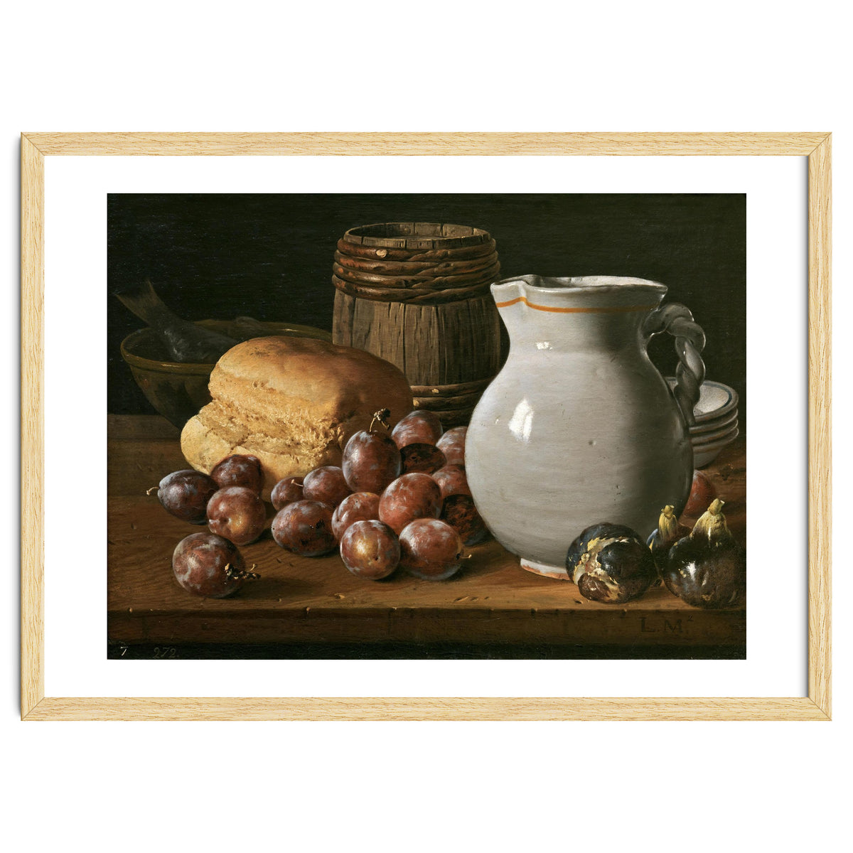 Luis Egidio Meléndez / 'Still Life with Plums, Figs, Bread and Fish', 18th century, Spanish School.