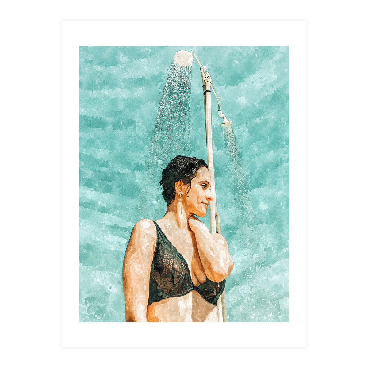 Bathe | Woman Pool Shower | Summer Swim Watercolor Painting | Brunette Bikini Boho Fashion (Print Only)
