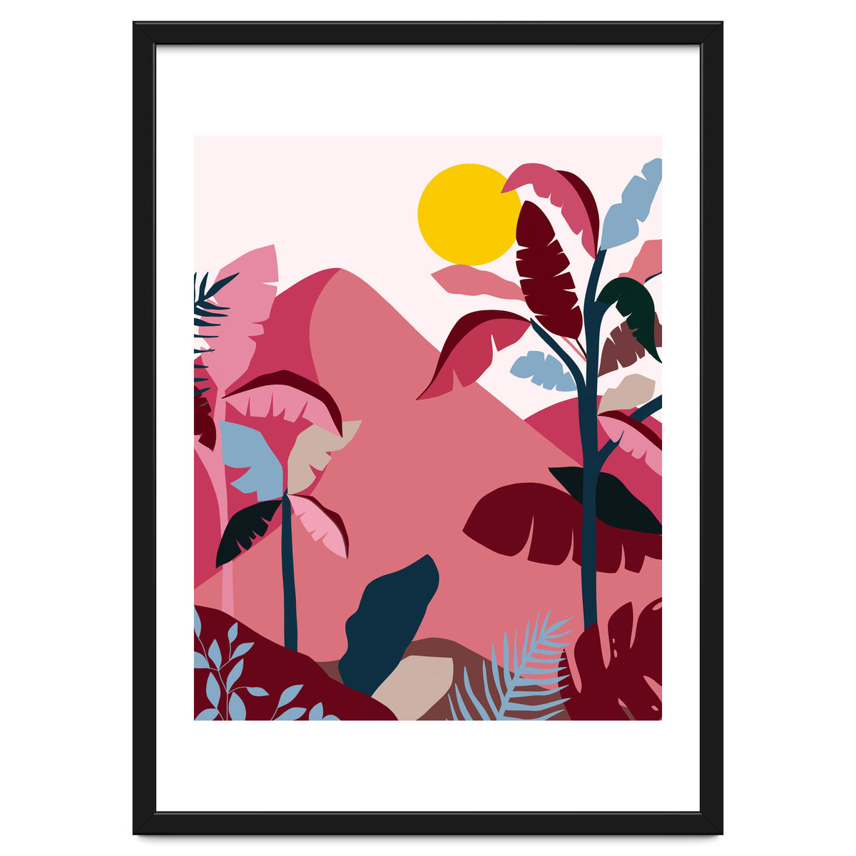 Tropical Sundowner, Pastel Jungle Botanical Nature, Summer Plants Palms Sunset, Mountain Landscape Travel Adventure